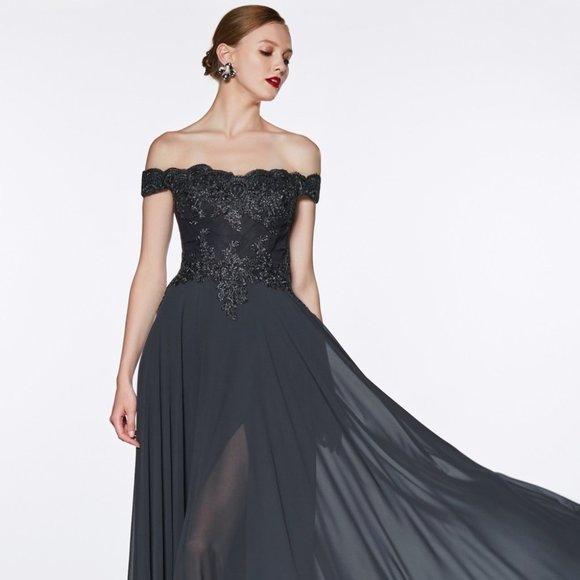 Cinderella Dresses & Skirts - NEW BLACK A-LINE OFF THE SHOULDER LONG CHIFFON GOWN WITH SLIT ON THE SKIRT 7258